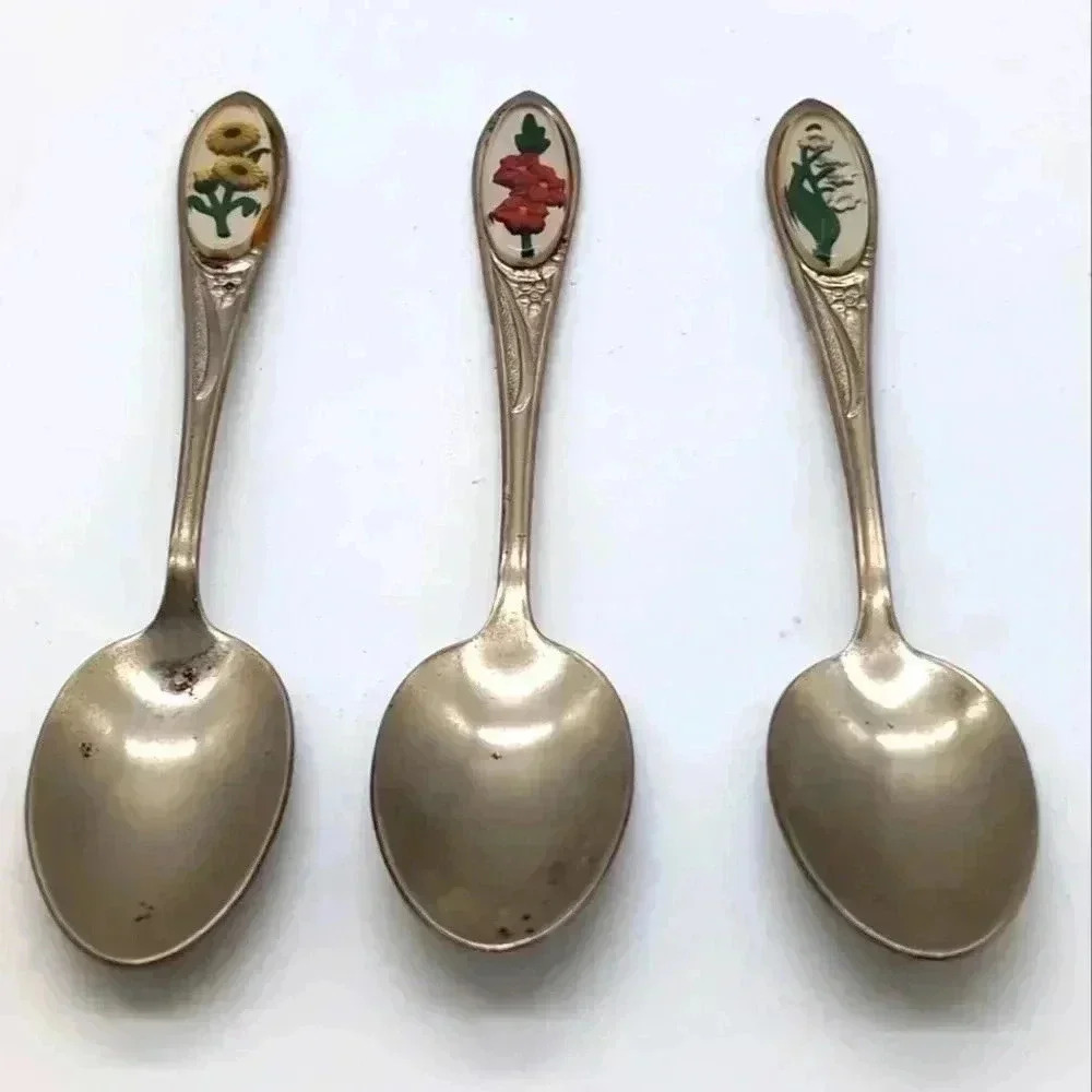 Set of 3 Vintage Floral Souvenir Spoon Kitschy Cool
